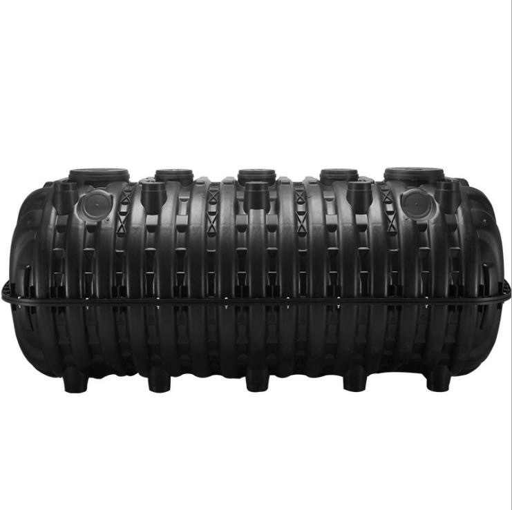 Bush Billabongs 2500L poly septic tank — front view showing inlet and outlet ports